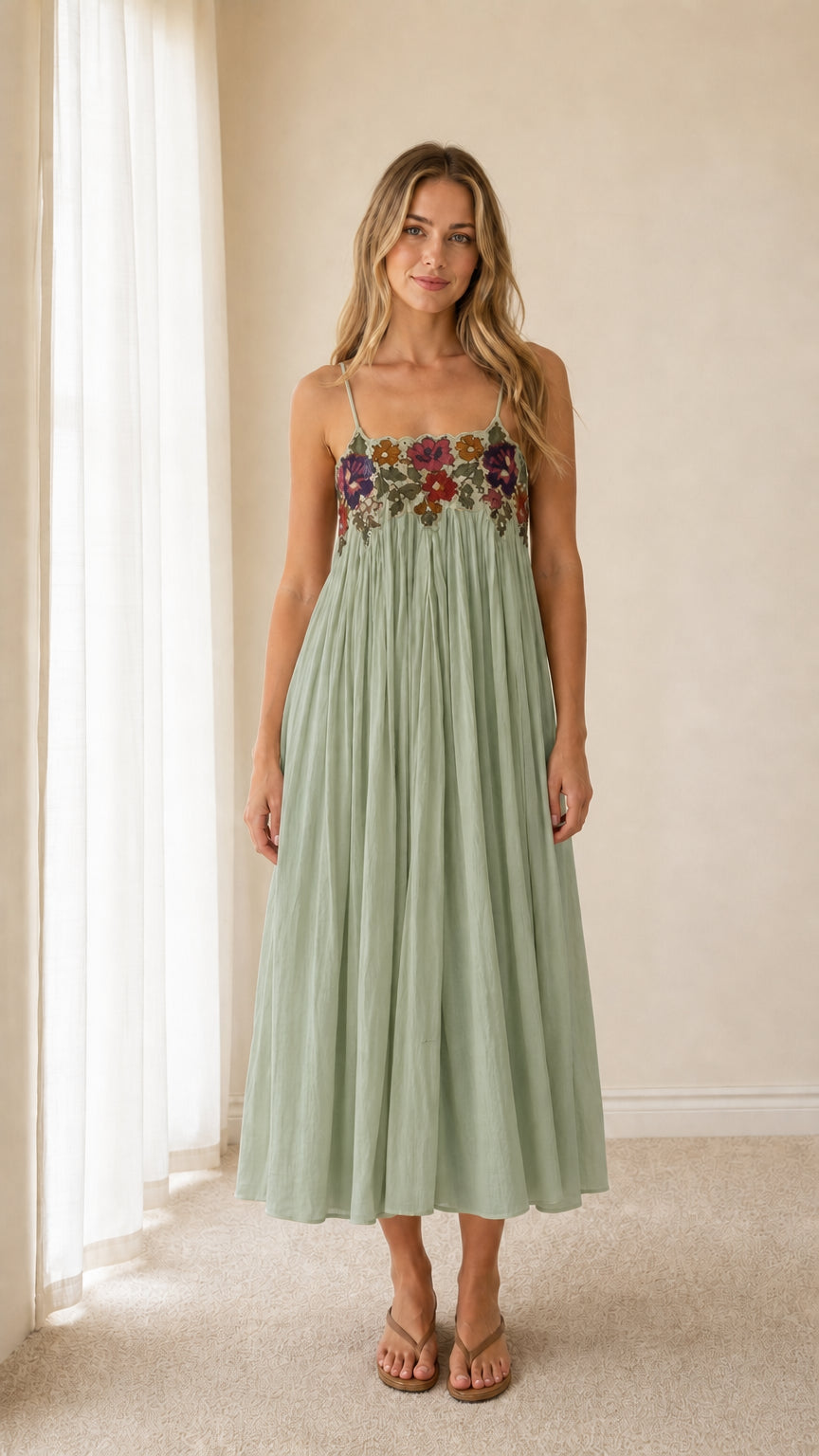 Front view of sage green embroidered floral midi camisole dress
