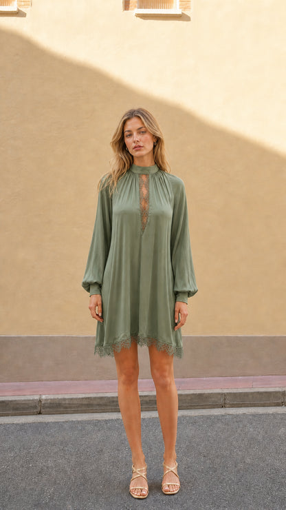 Sage green high neck lace trim mini dress