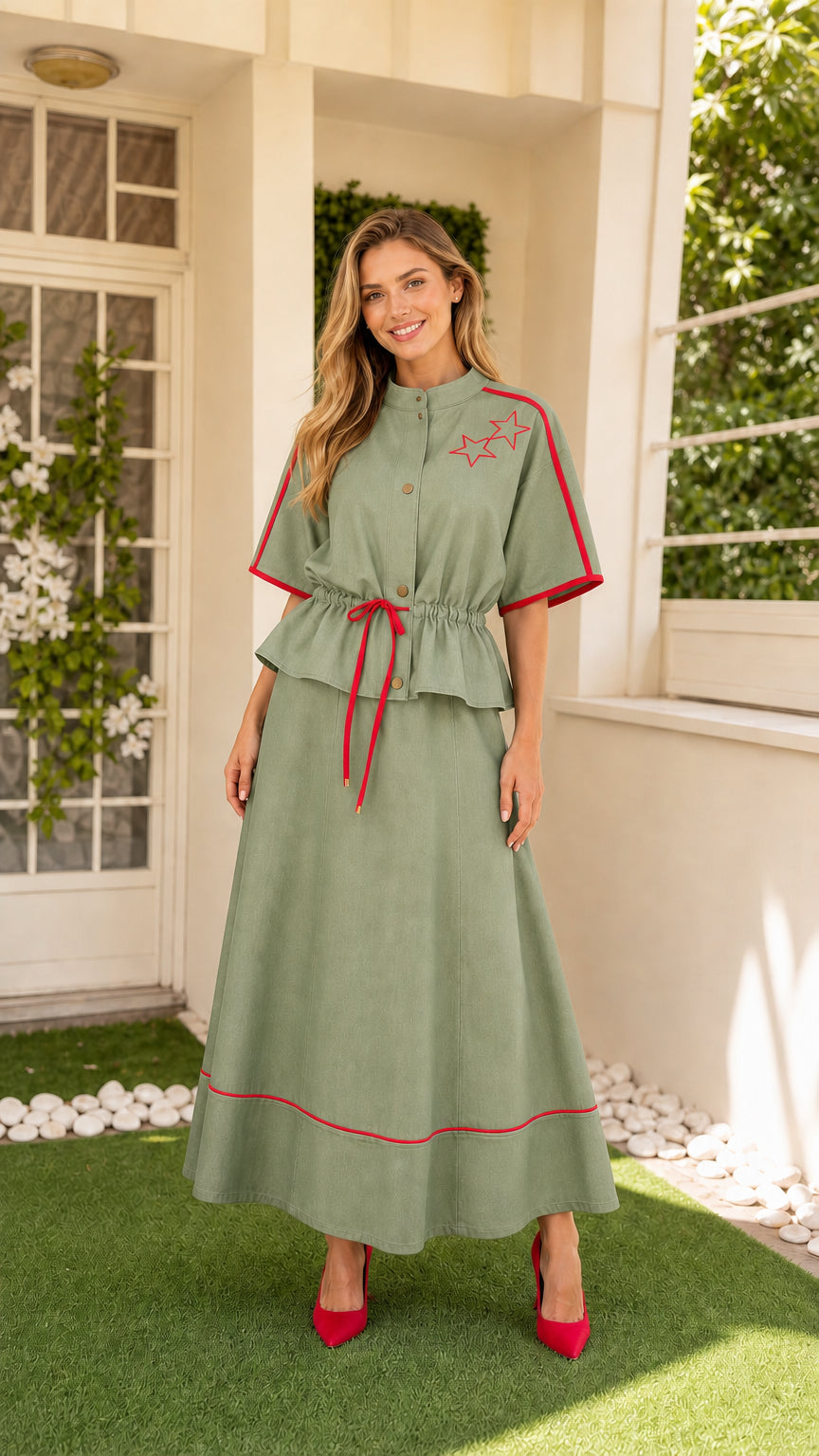 Front view of Sage Green two-piece maxi dress set