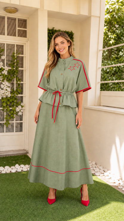 Front view of Sage Green two-piece maxi dress set