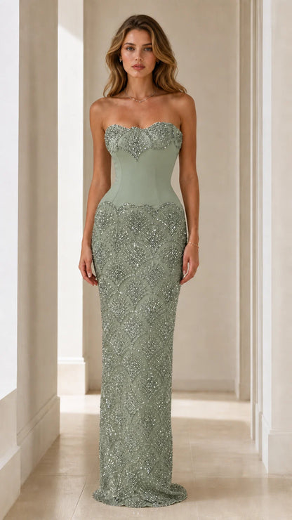 Sage green sequin strapless evening gown