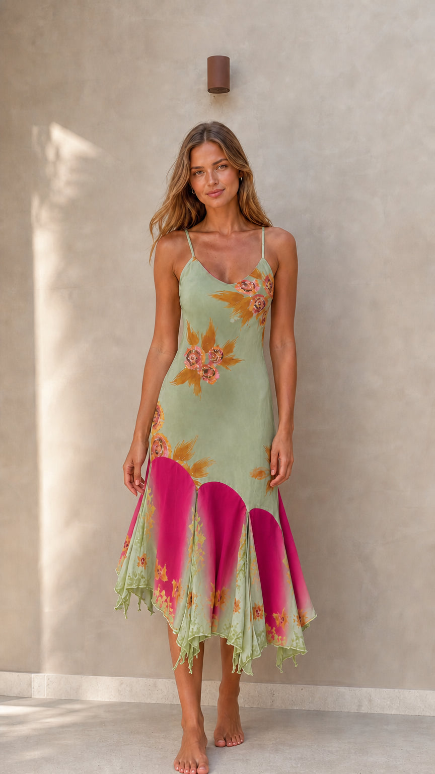Front full view of Sage Pink floral midi slip dress