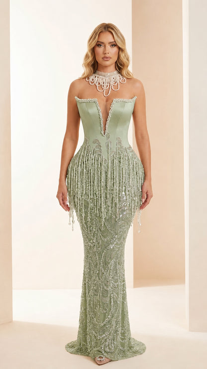 Front view of Sage color variant of the evening gown
