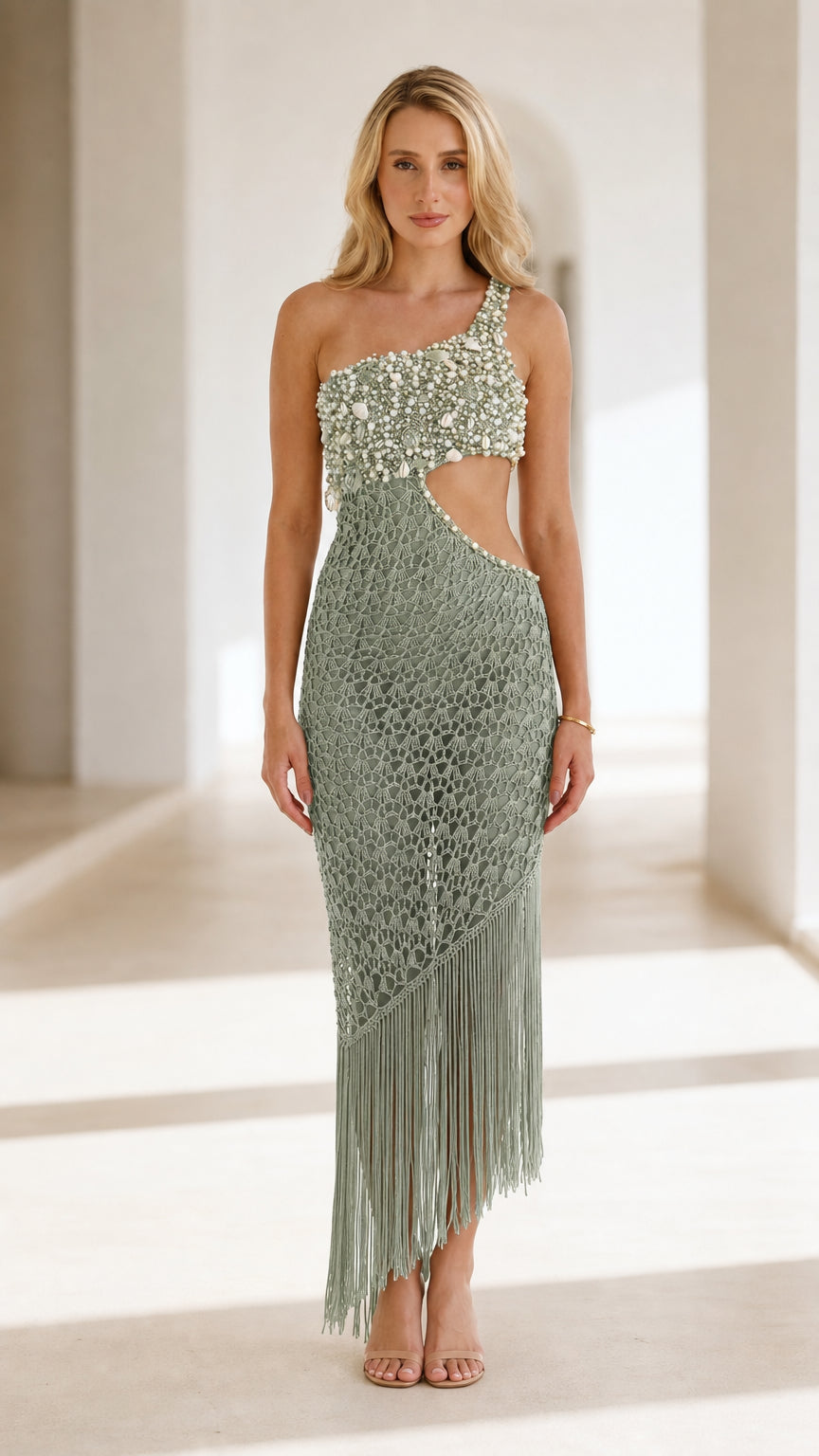 Sage green one-shoulder beaded crochet cut-out fringe maxi dress