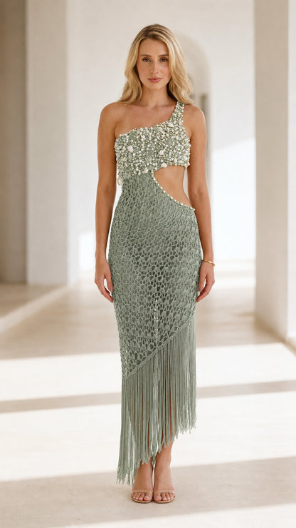 Sage green one-shoulder beaded crochet cut-out fringe maxi dress