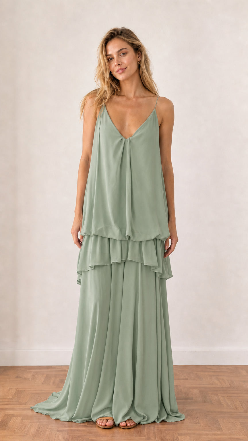 Model wearing Sage Green tiered sleeveless maxi dress