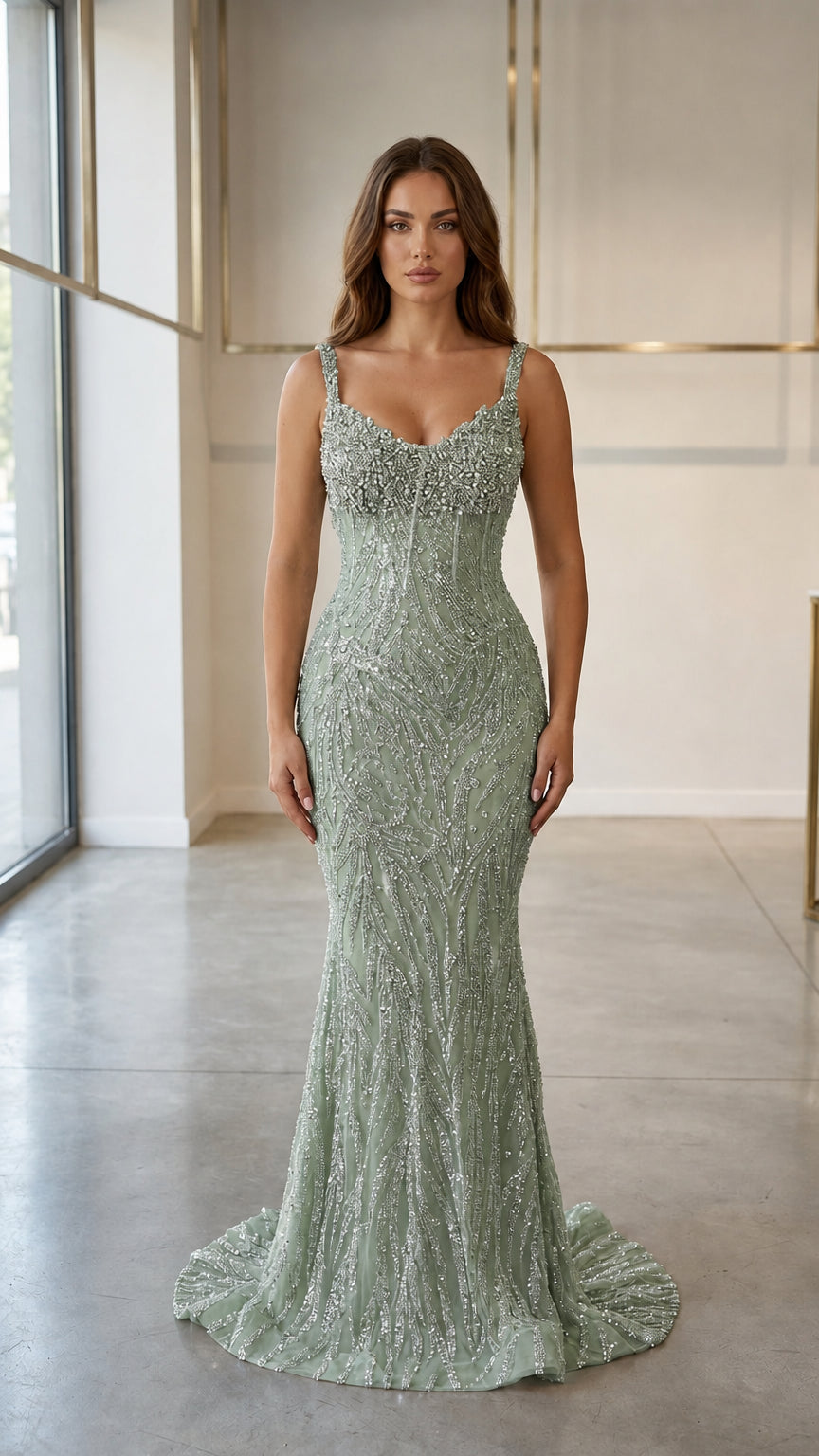 Front view of sage green beaded evening dress