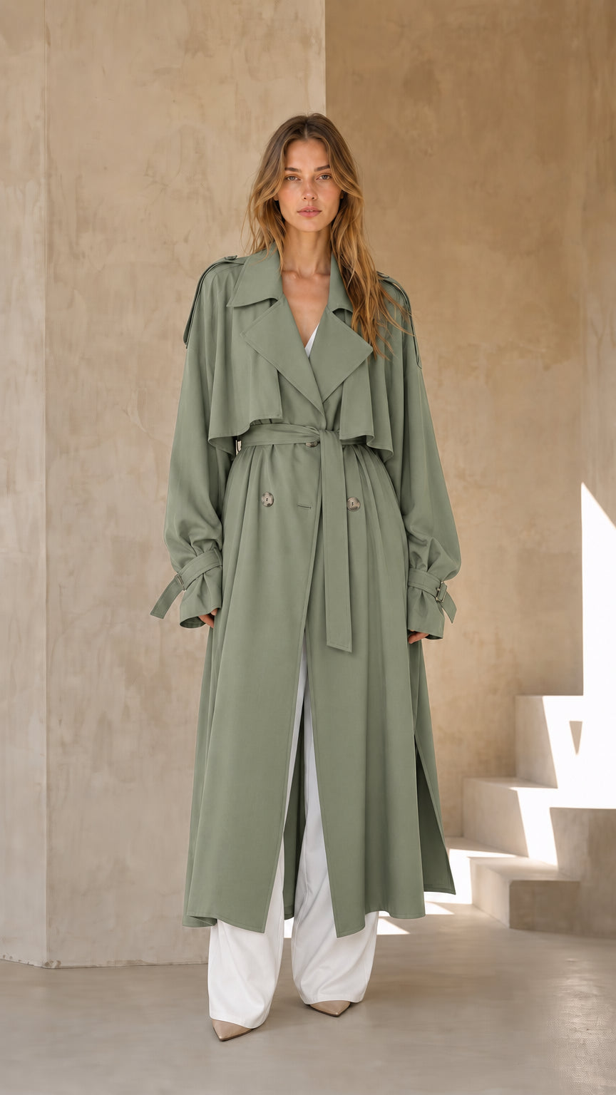 Woman wearing sage green long trench coat