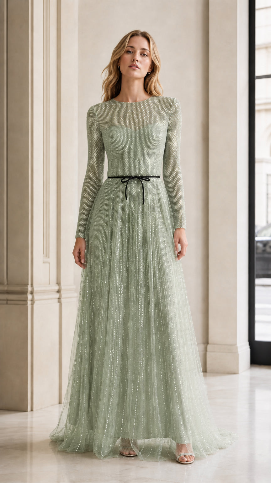 Front view of model in sage green sequin evening gown