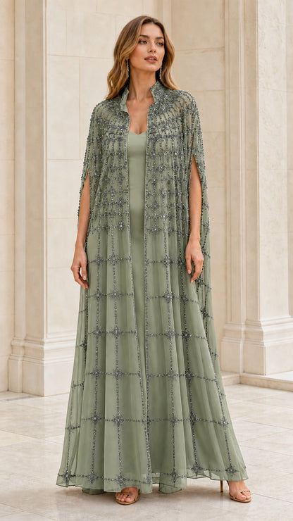 Front view of sage green embellished evening cape and gown set