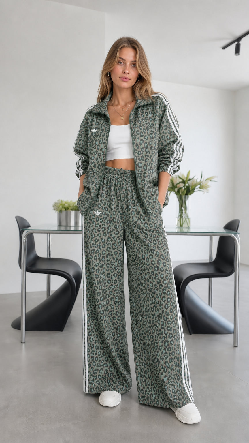 Model wearing green leopard print track set