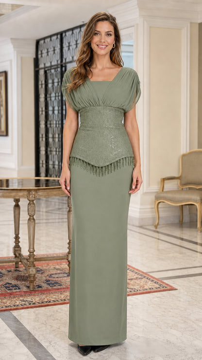 Sage Green ruched bodice maxi evening gown with beaded waistband
