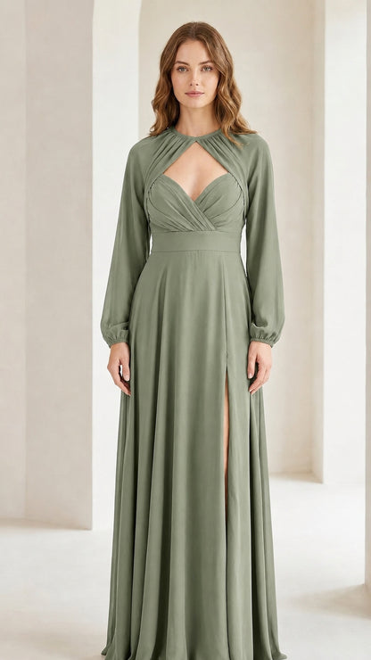 Front view of sage green long sleeve cutout maxi dress