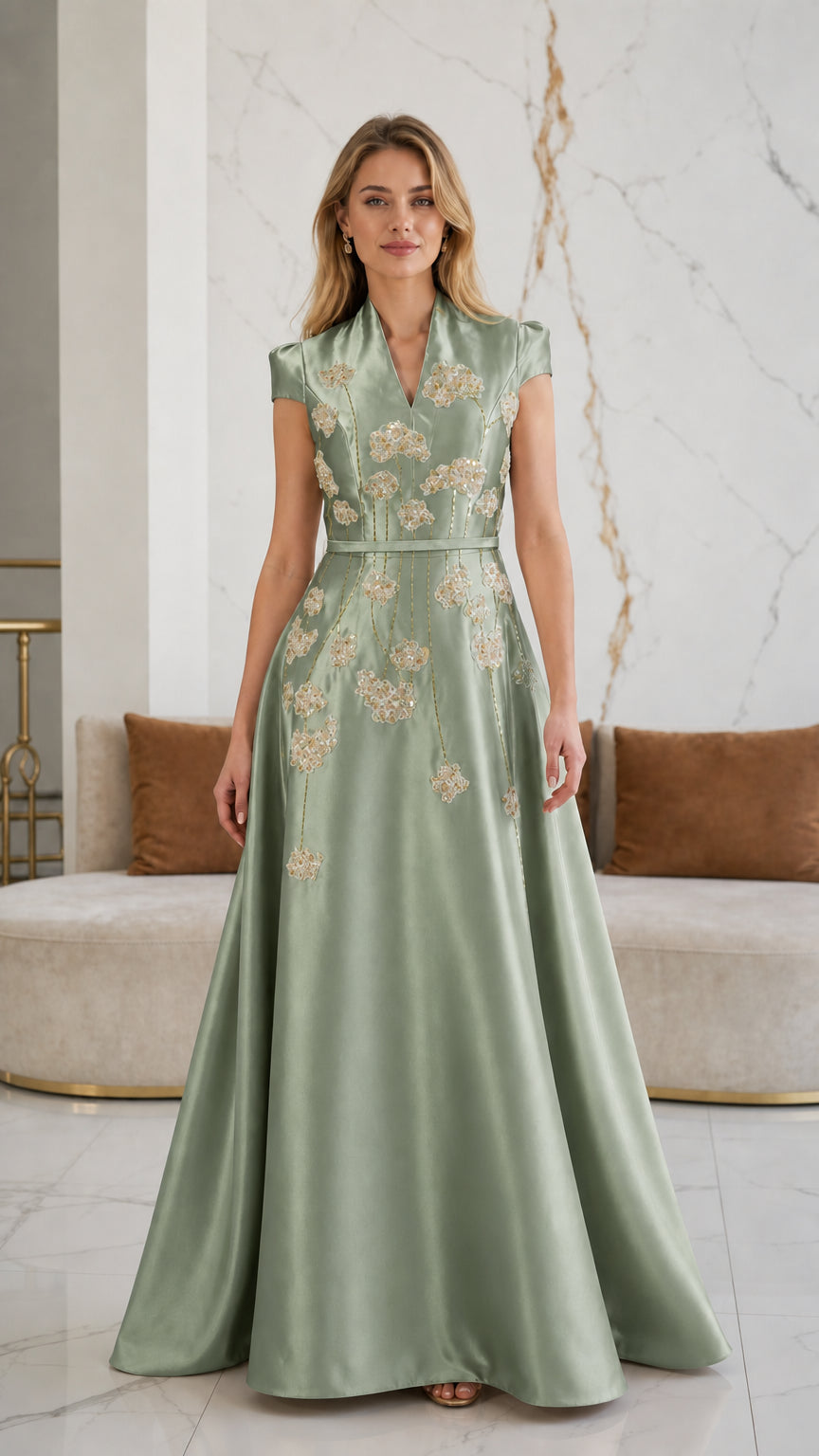 Model wearing sage green satin A-line evening dress with cap sleeves