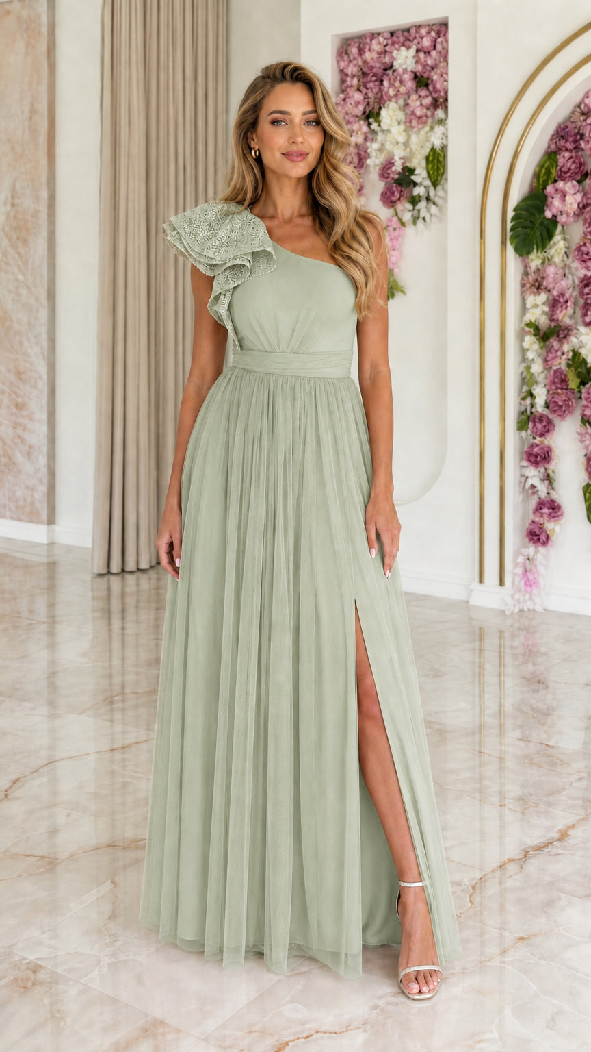 Front view of sage green one-shoulder lace ruffle tulle maxi dress
