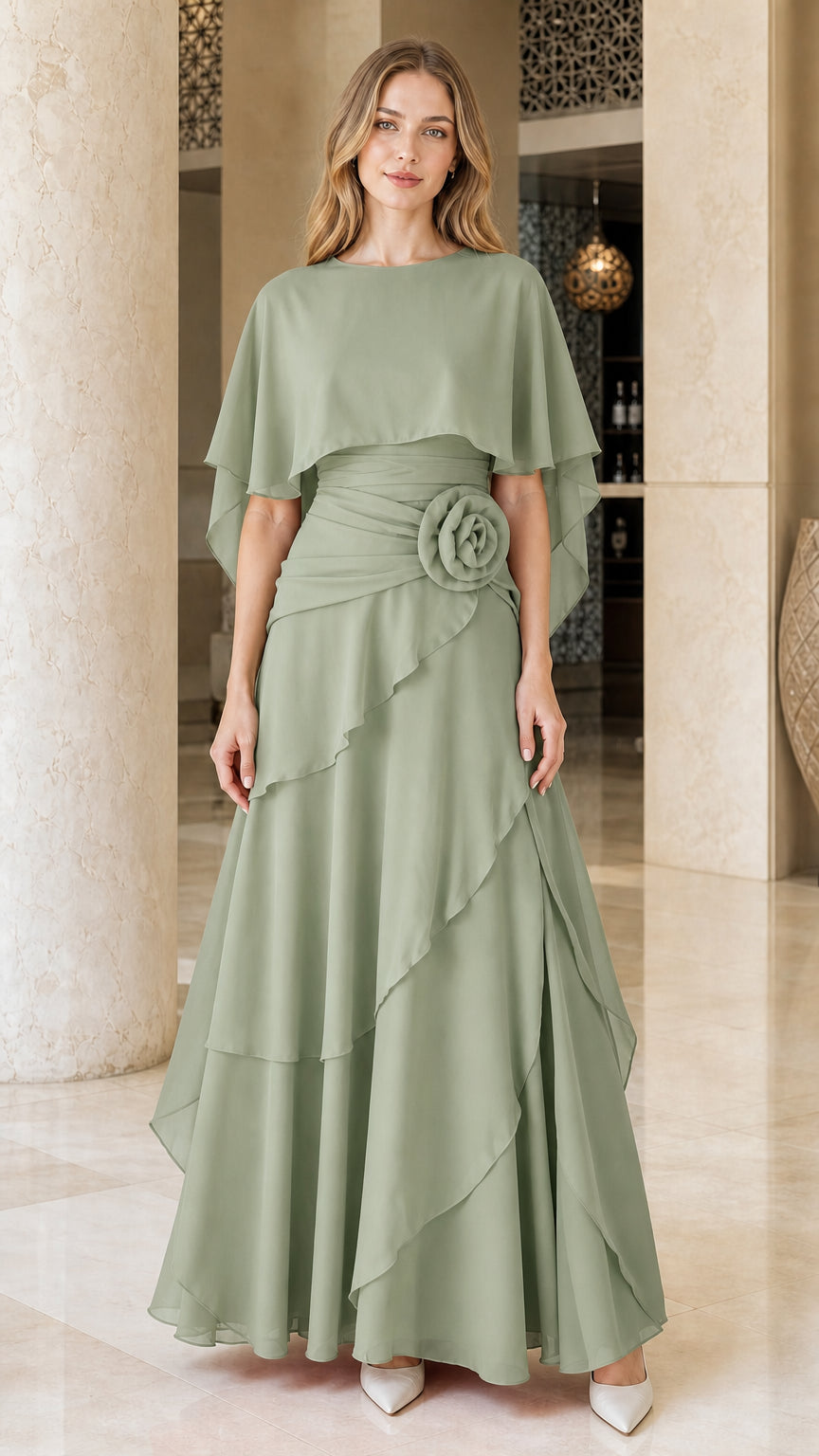 Front view of woman wearing sage green chiffon cape formal evening dress