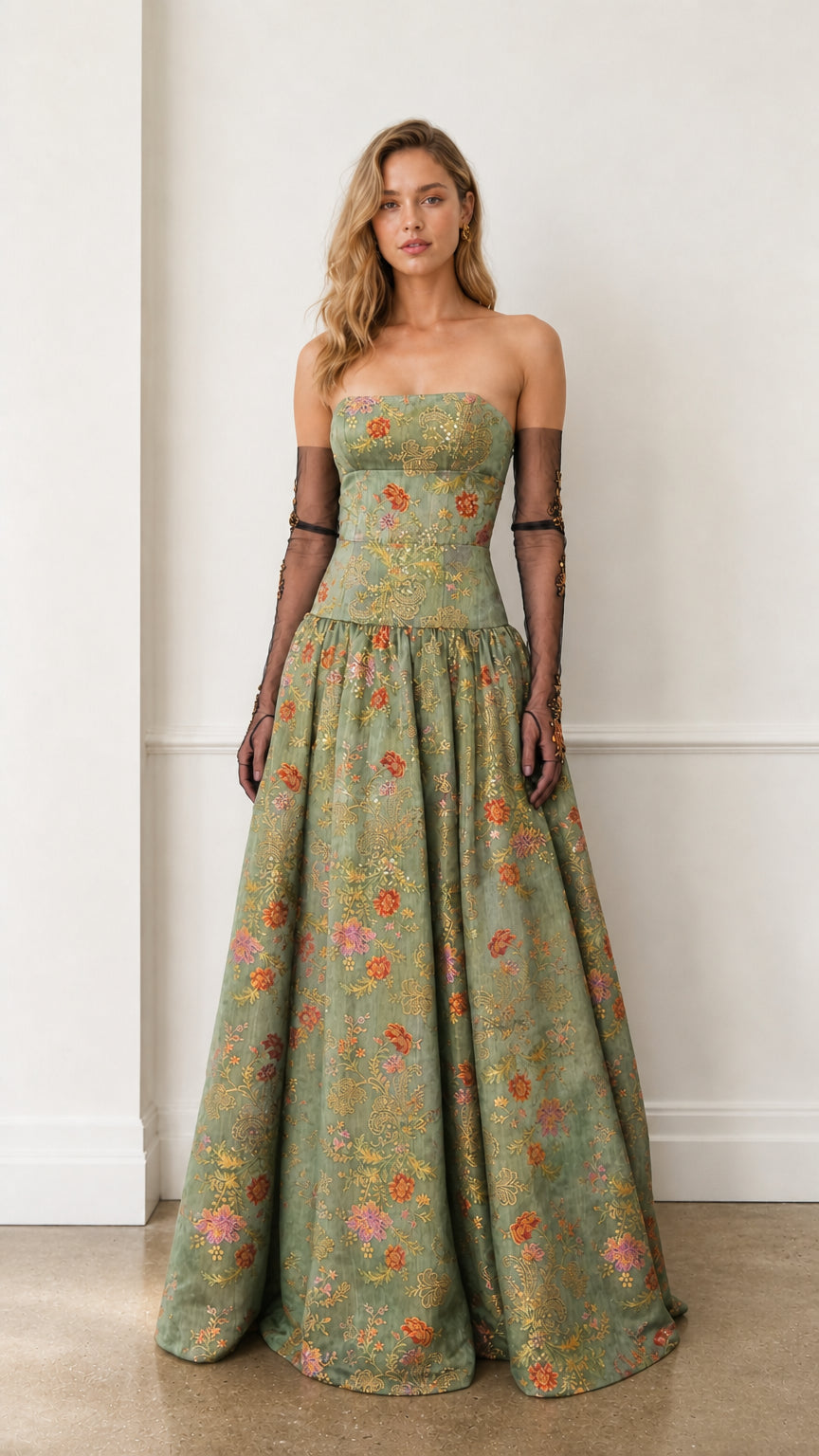 Front view of sage floral strapless evening gown
