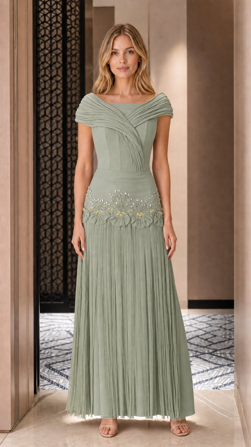 Front view of sage green pleated formal evening dress
