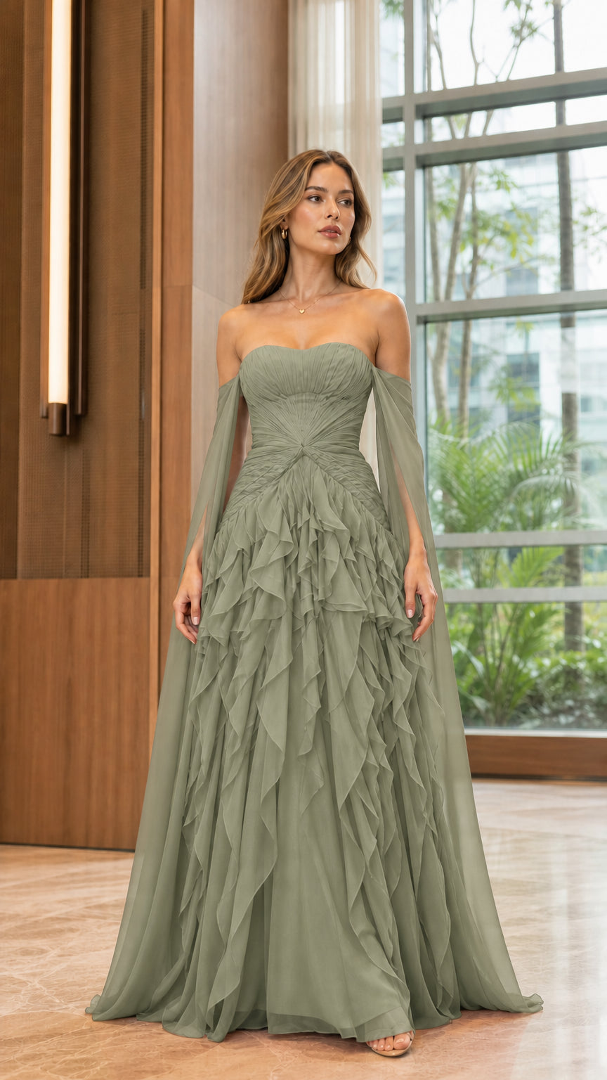 Model wearing sage green strapless evening gown with flowing cape sleeves