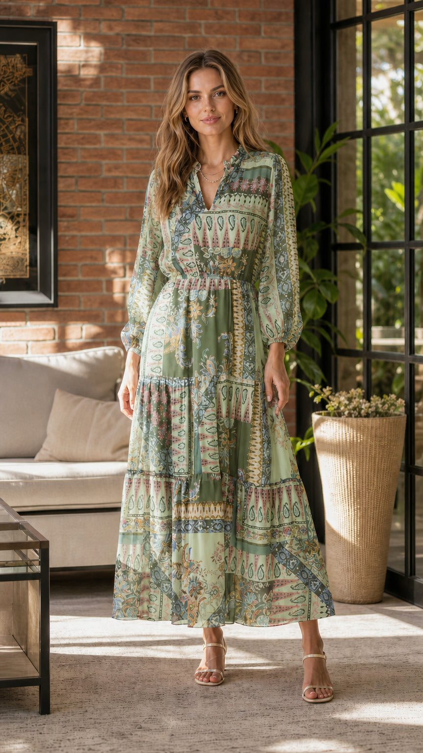 Model wearing green multi color variant of the tiered maxi dress