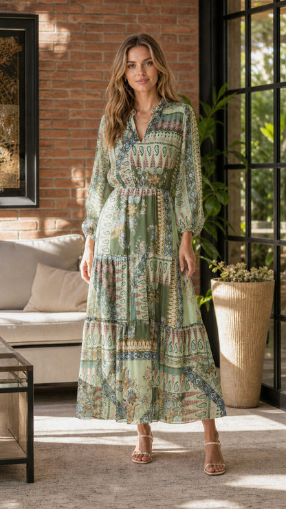 Model wearing green multi color variant of the tiered maxi dress