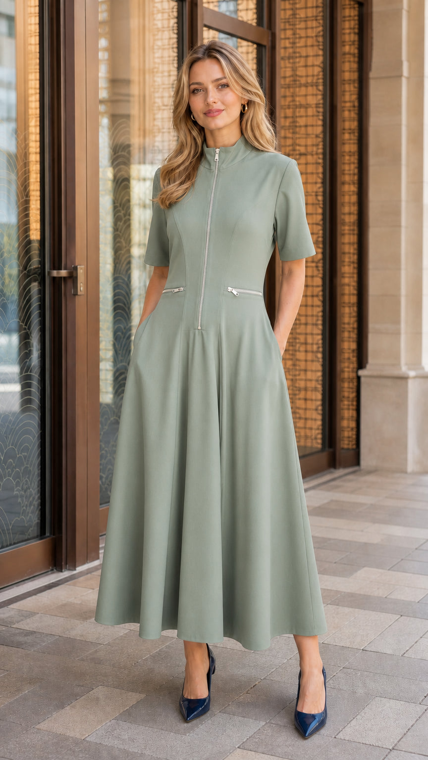 Woman wearing sage green zip-front midi dress