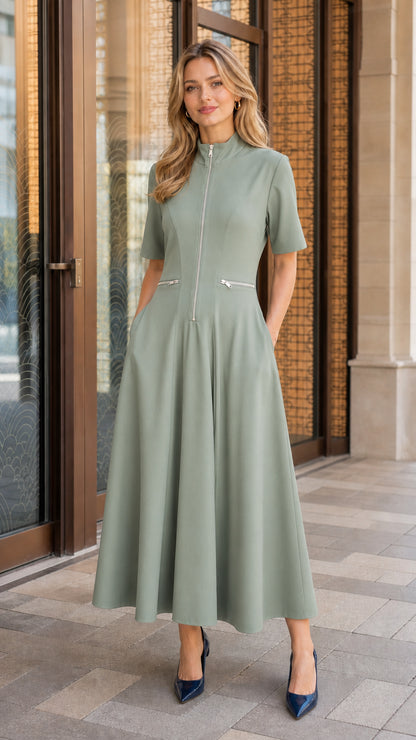 Woman wearing sage green zip-front midi dress
