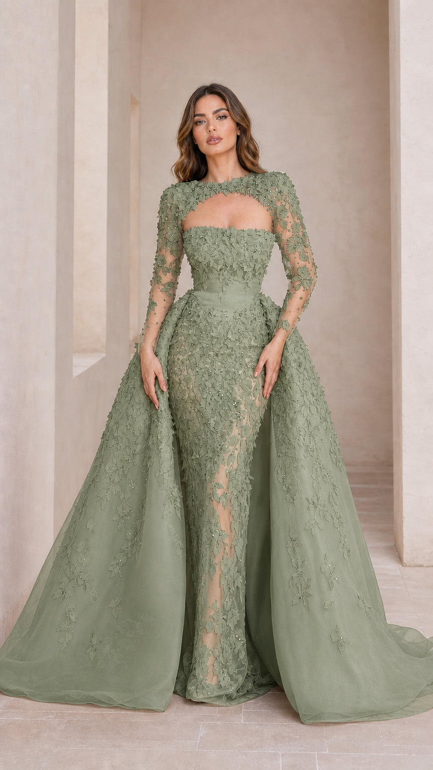 Front view of sage green evening dress with floral appliqués