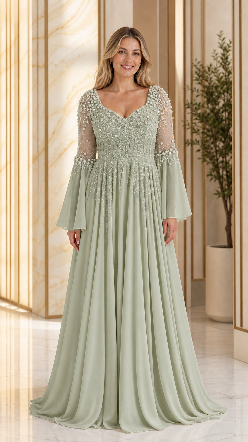 Sage green pearl-embellished long sleeve A-line evening maxi gown