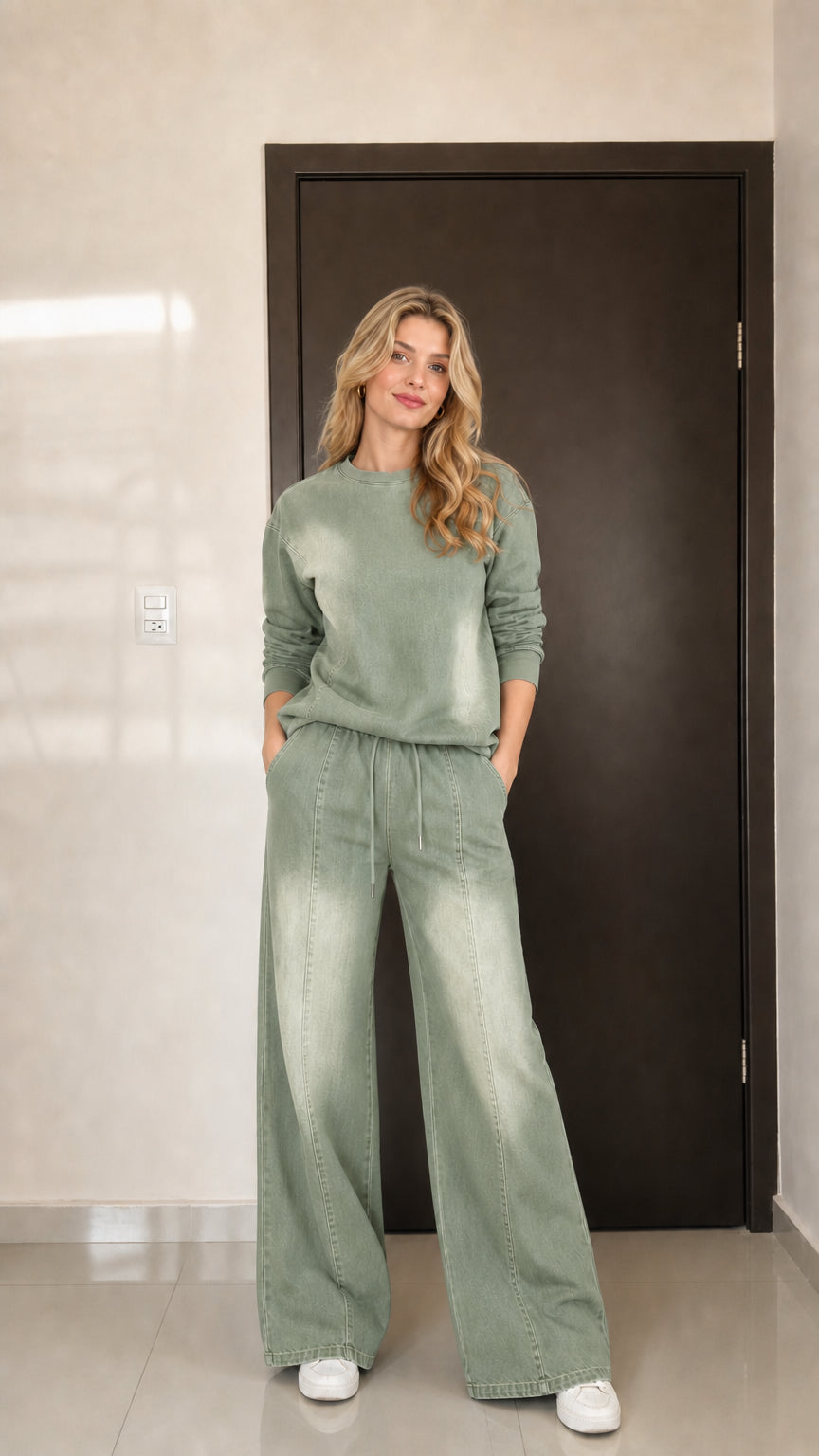 Model wearing the Sage Green casual two-piece pants set