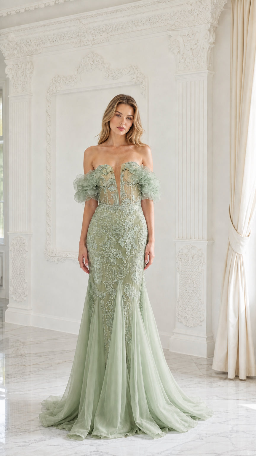 Sage green color variant of the evening dress
