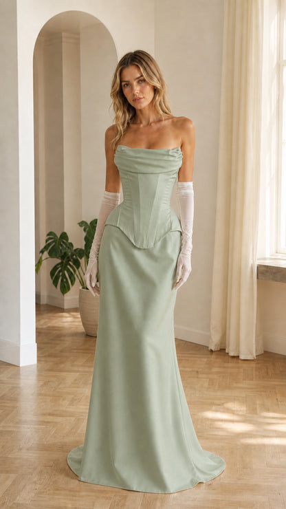 Front view of woman wearing sage green strapless corset maxi dress with matching gloves