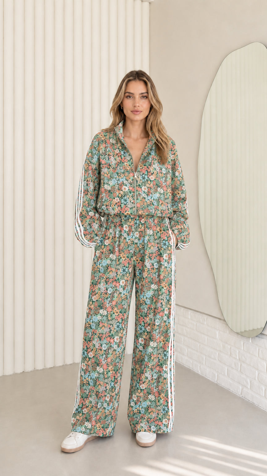Woman wearing sage green floral print zip-up tracksuit two-piece set