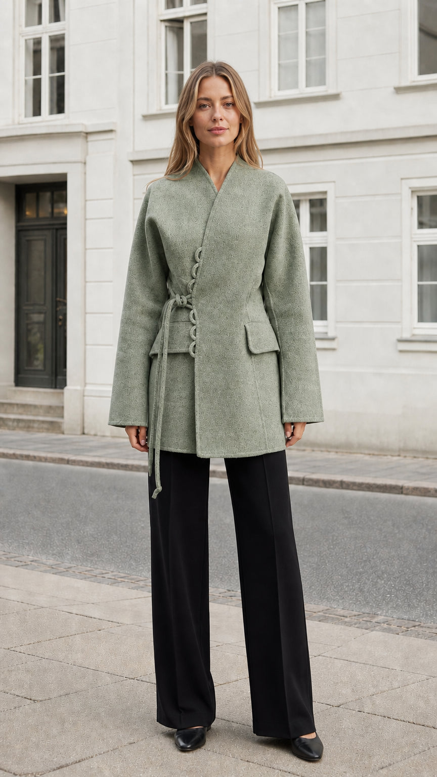 Front view of the women's sage green belted wrap coat