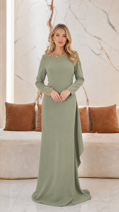 Sage green floor-length evening gown with crystal shoulder accents