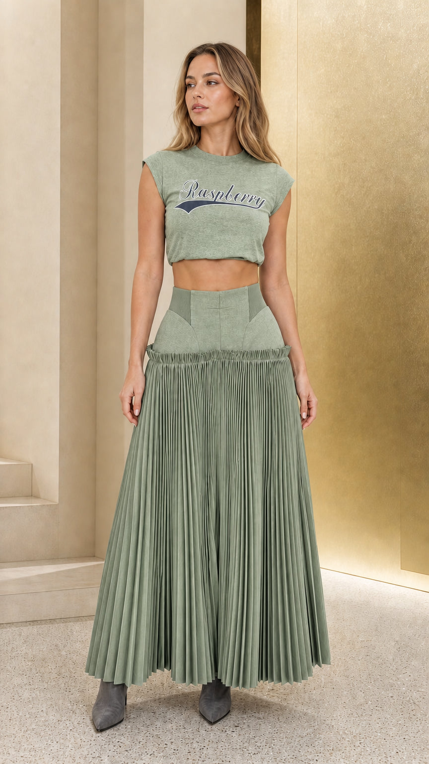 Sage color variant of the pleated maxi skirt set