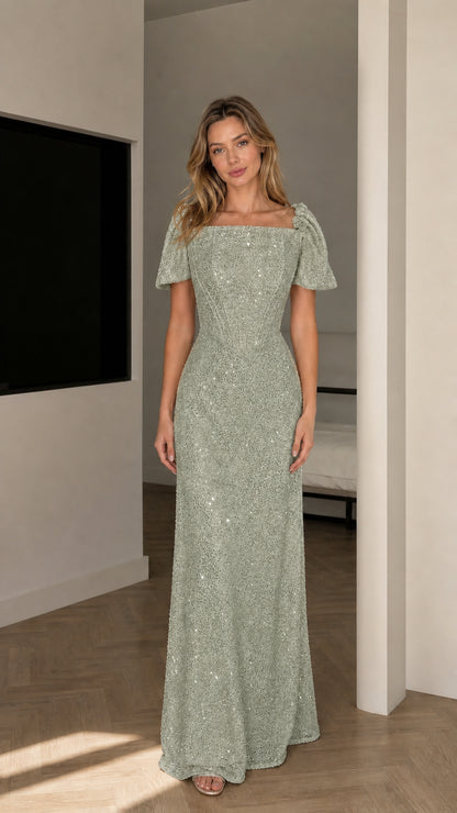 Front view of model wearing Sage Green sequined square neck maxi dress