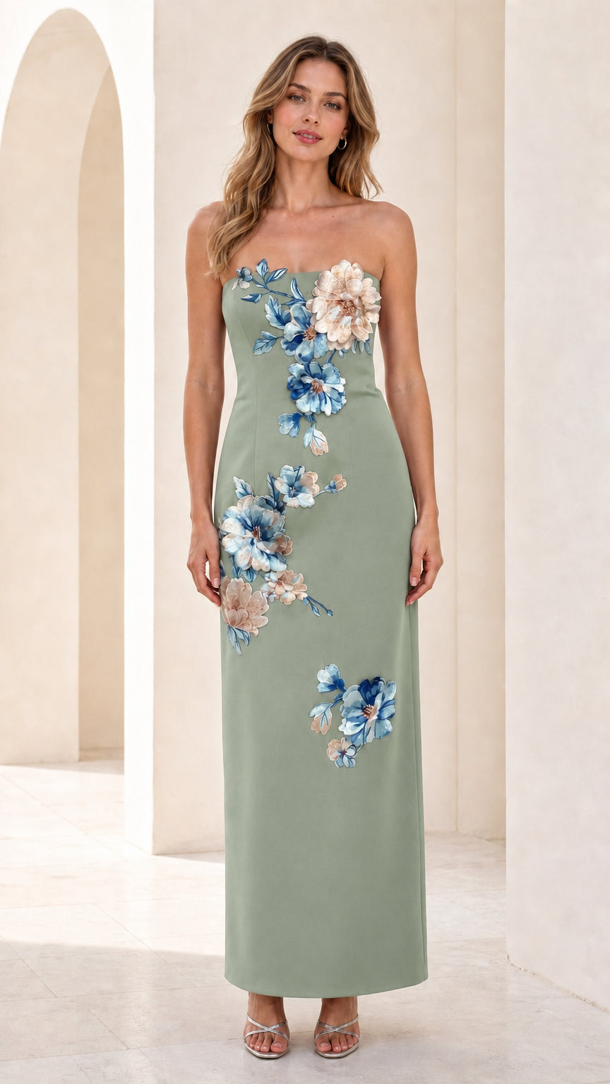Sage green strapless maxi dress with floral appliques