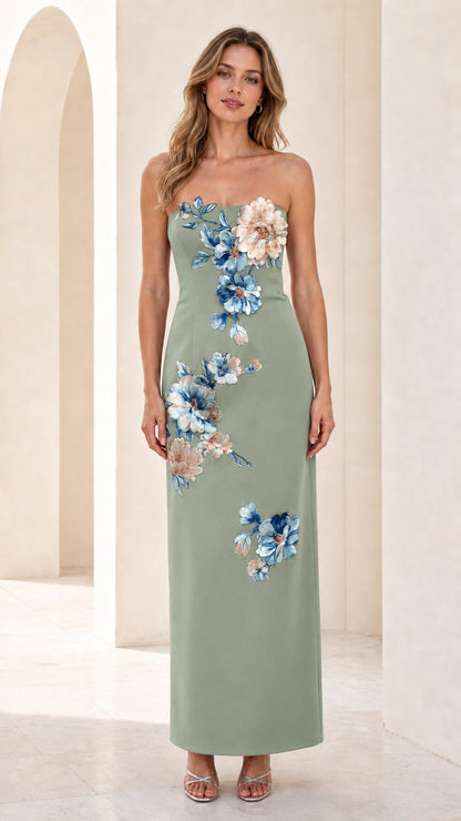 Sage green strapless maxi dress with floral appliques