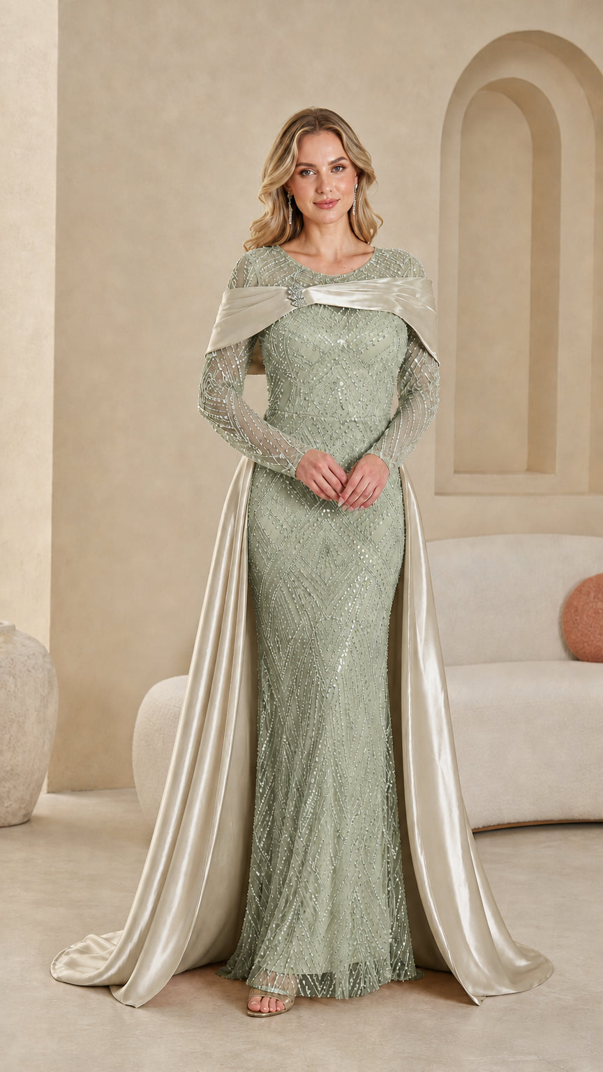 Sage green beaded sequin gala dress with champagne satin train
