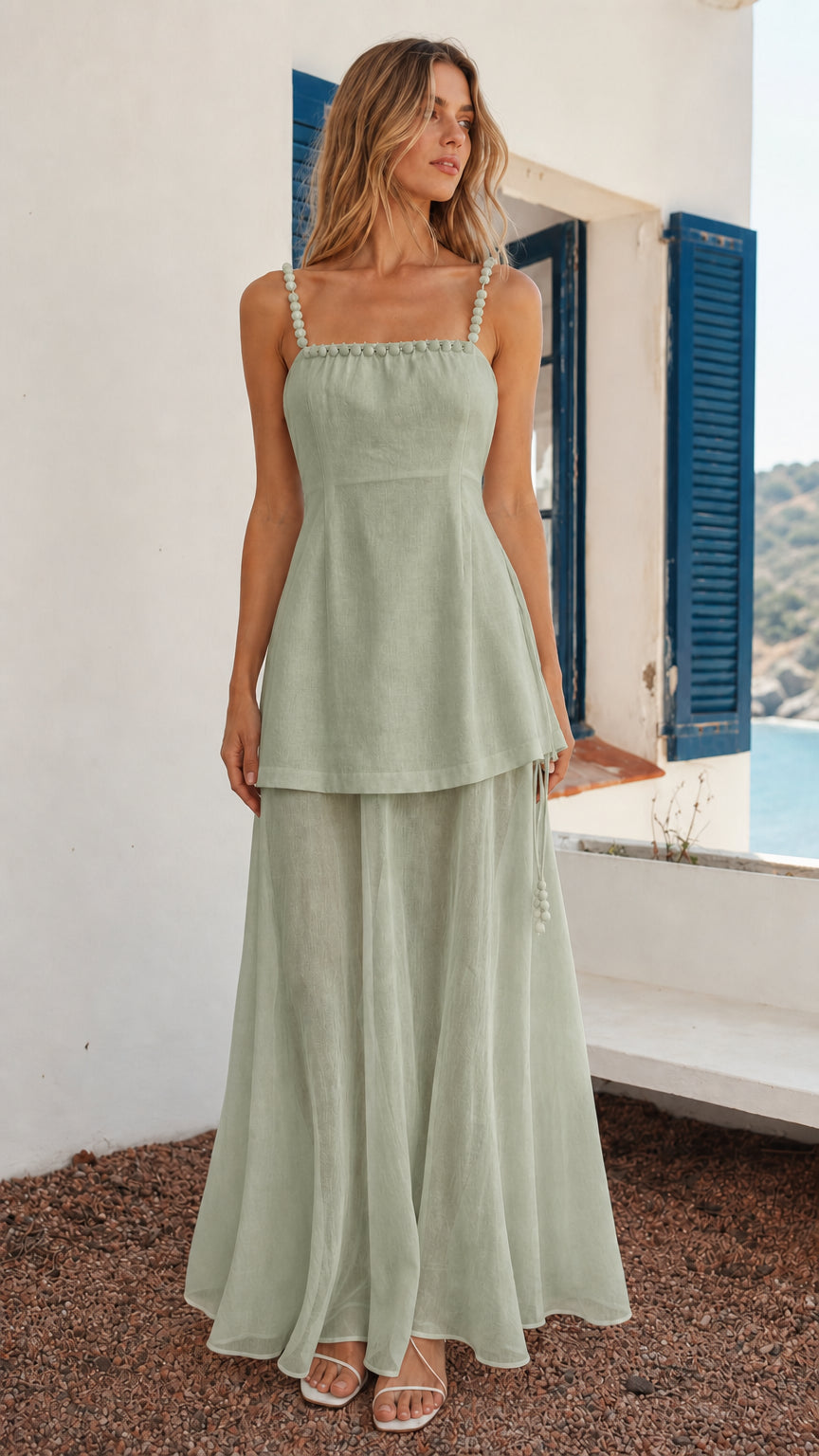 Front view of woman wearing sage green beaded strap layered maxi dress