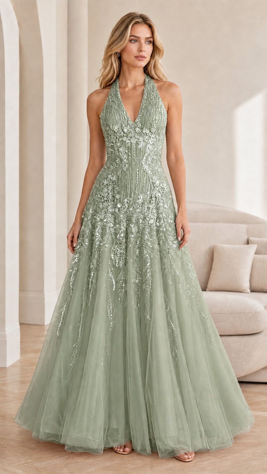 Front view of sage green embroidered halter evening gown