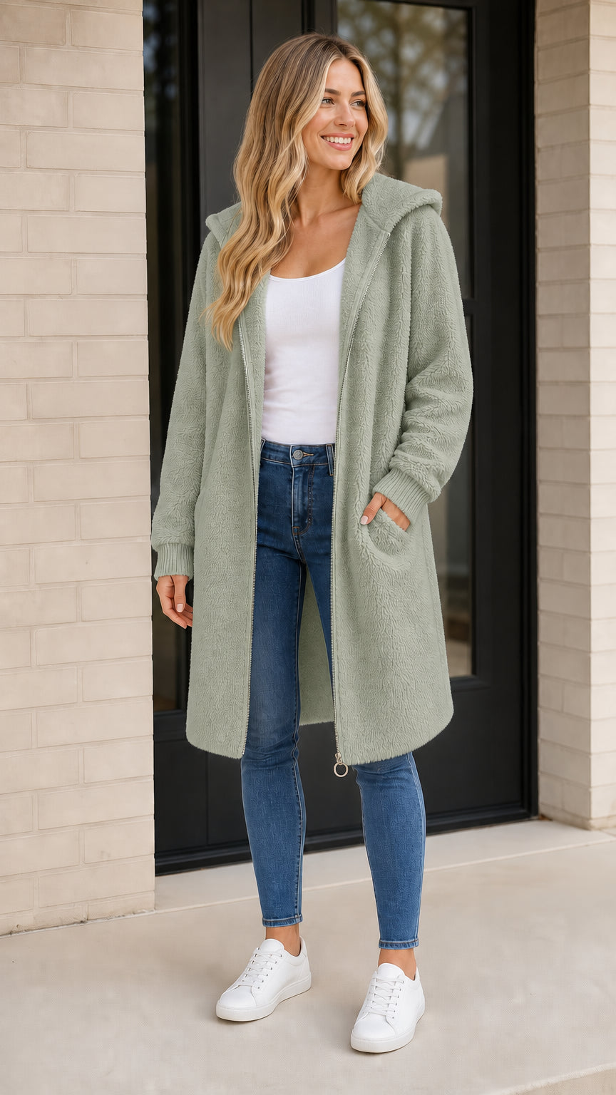 Front view of woman wearing sage green long faux shearling hooded coat