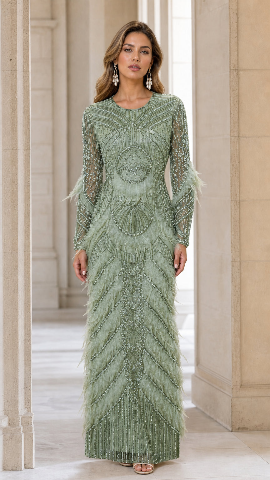 Front view of Sage Green beaded feather evening maxi dress