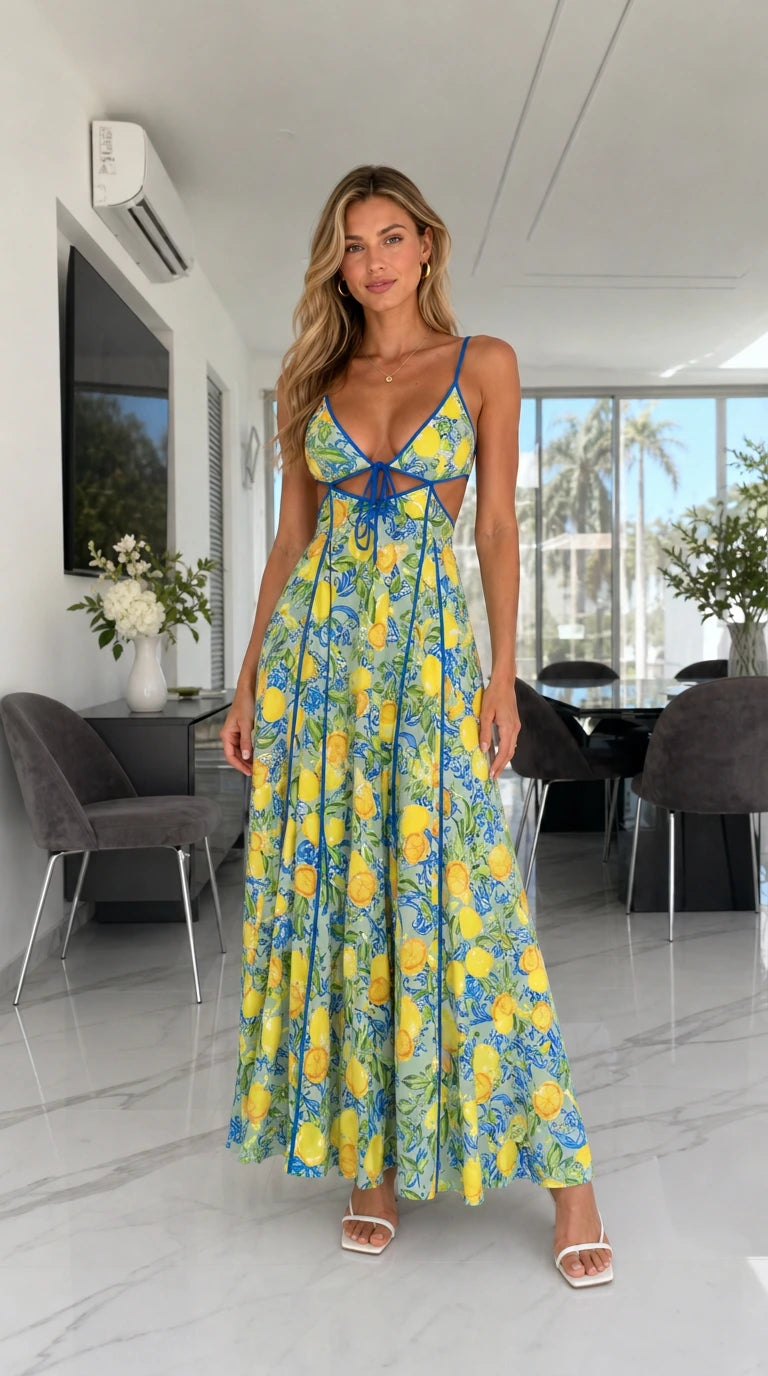 Model wearing bright yellow background lemon print cutout maxi dress