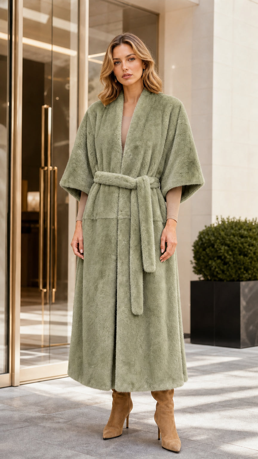 Front view of woman wearing long sage green faux fur coat