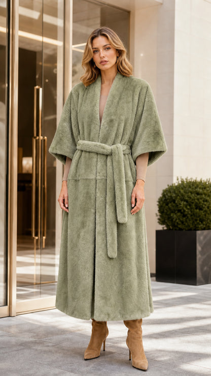 Front view of woman wearing long sage green faux fur coat