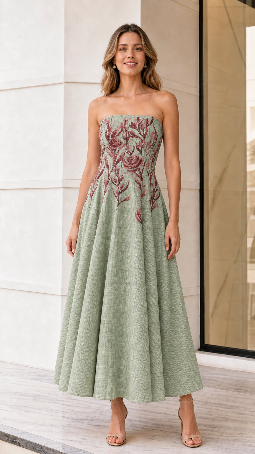 Front view of model wearing sage green strapless embroidered midi dress