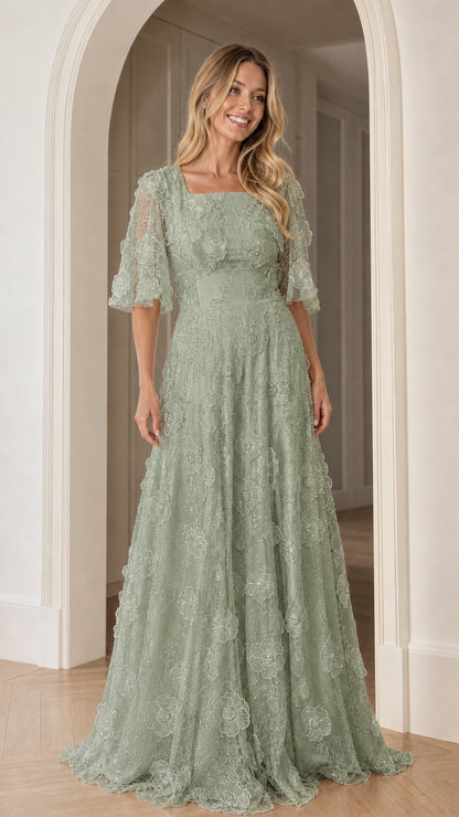 Front view of sage green floral applique maxi dress