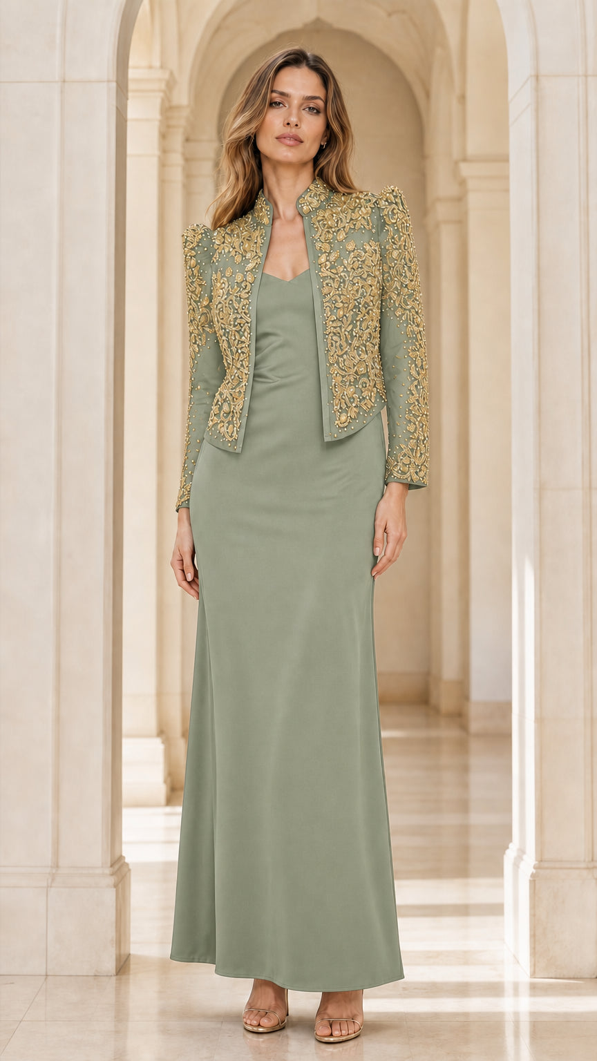 Sage green formal evening dress and jacket set